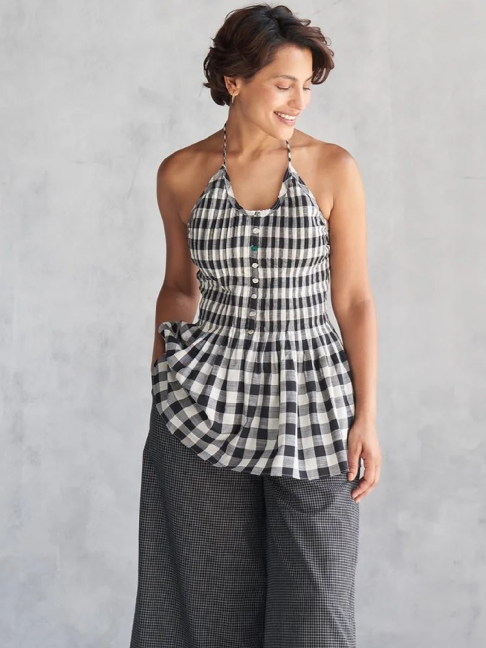 Nicobar Black and White Gingham Halter Peplum Top XS